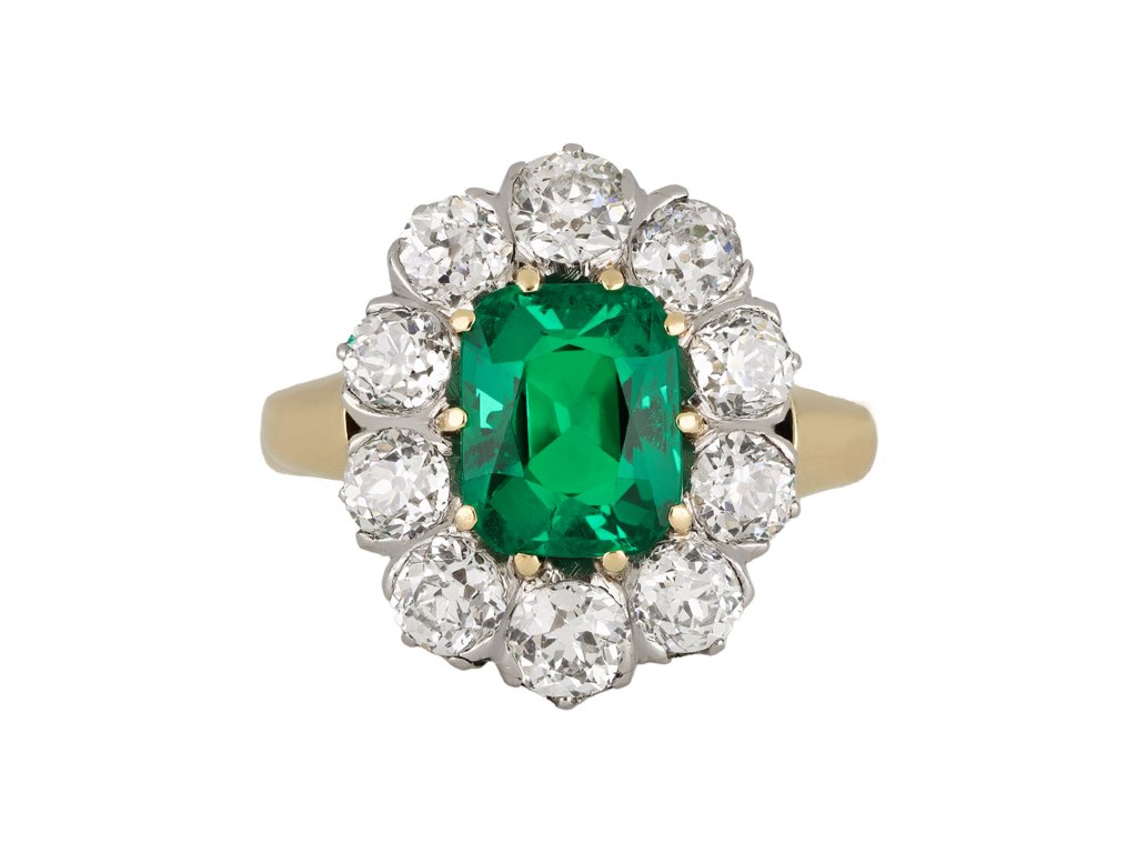 Colombian emerald and diamond coronet cluster ring, circa 1910.