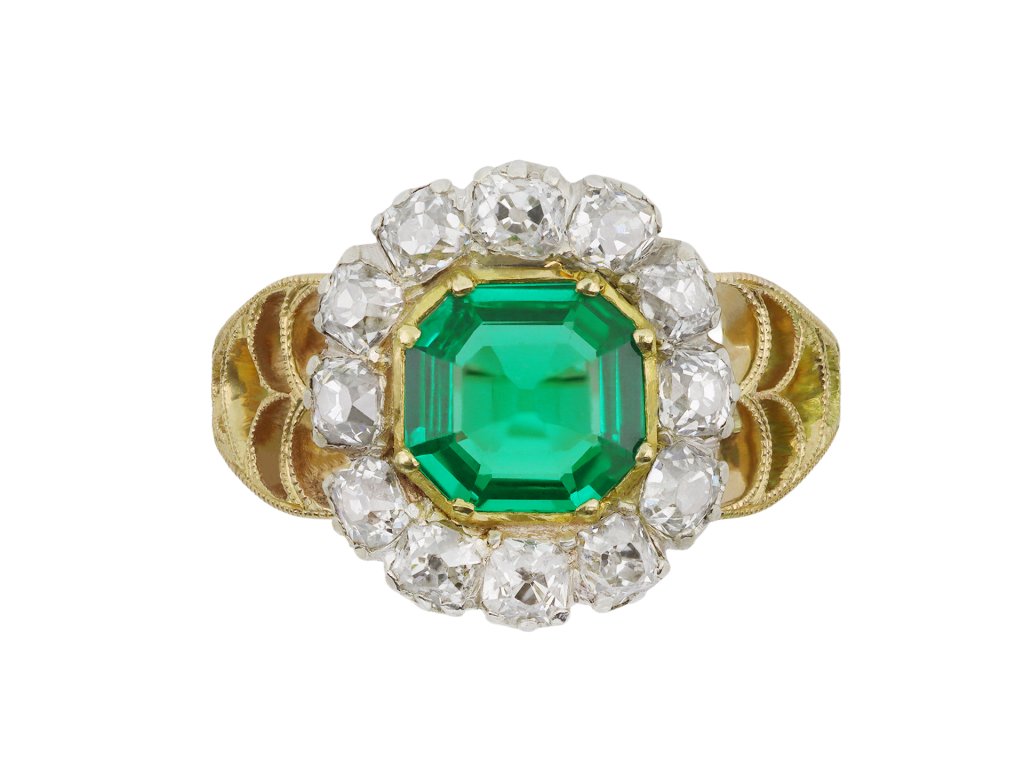 Colombian emerald and diamond coronet cluster ring, circa 1870.