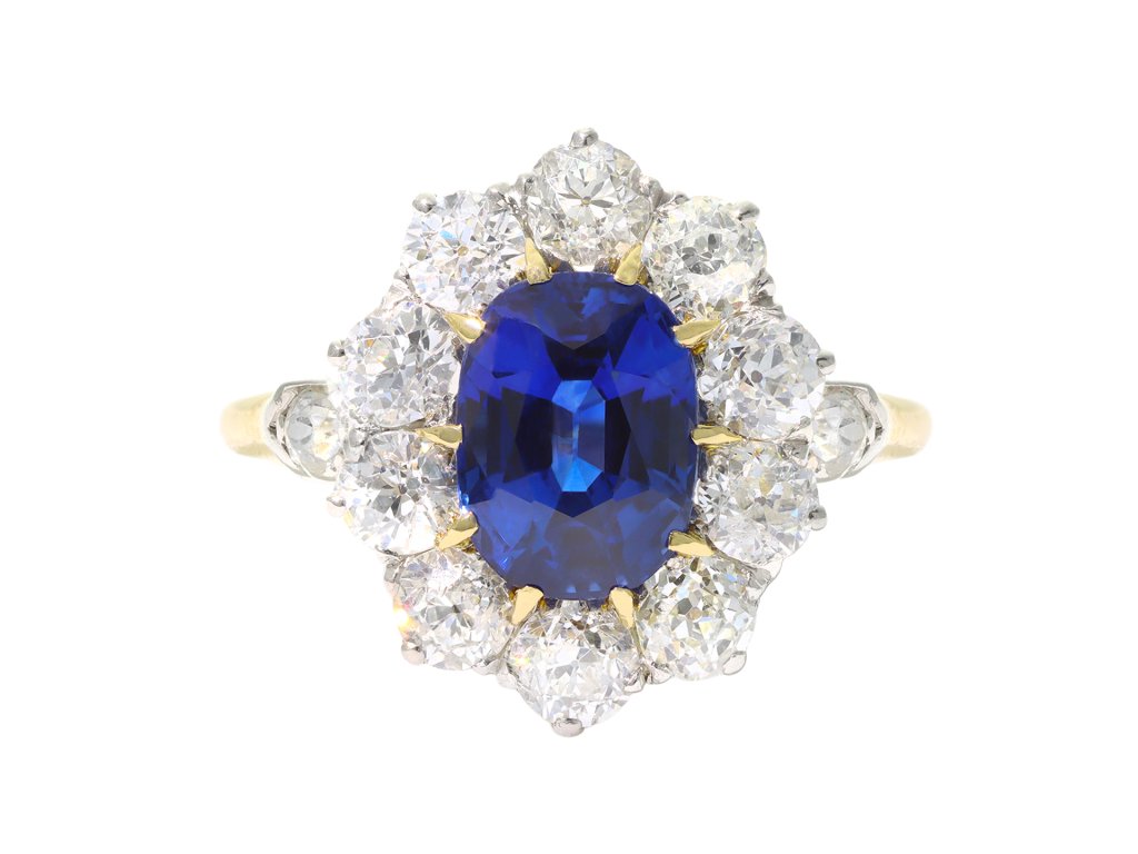 Edwardian Ceylon sapphire and diamond coronet cluster ring, circa 1910.