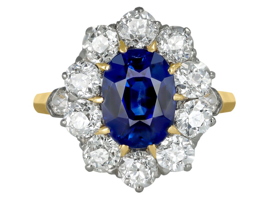 Edwardian Ceylon sapphire and diamond coronet cluster ring, circa 1910.