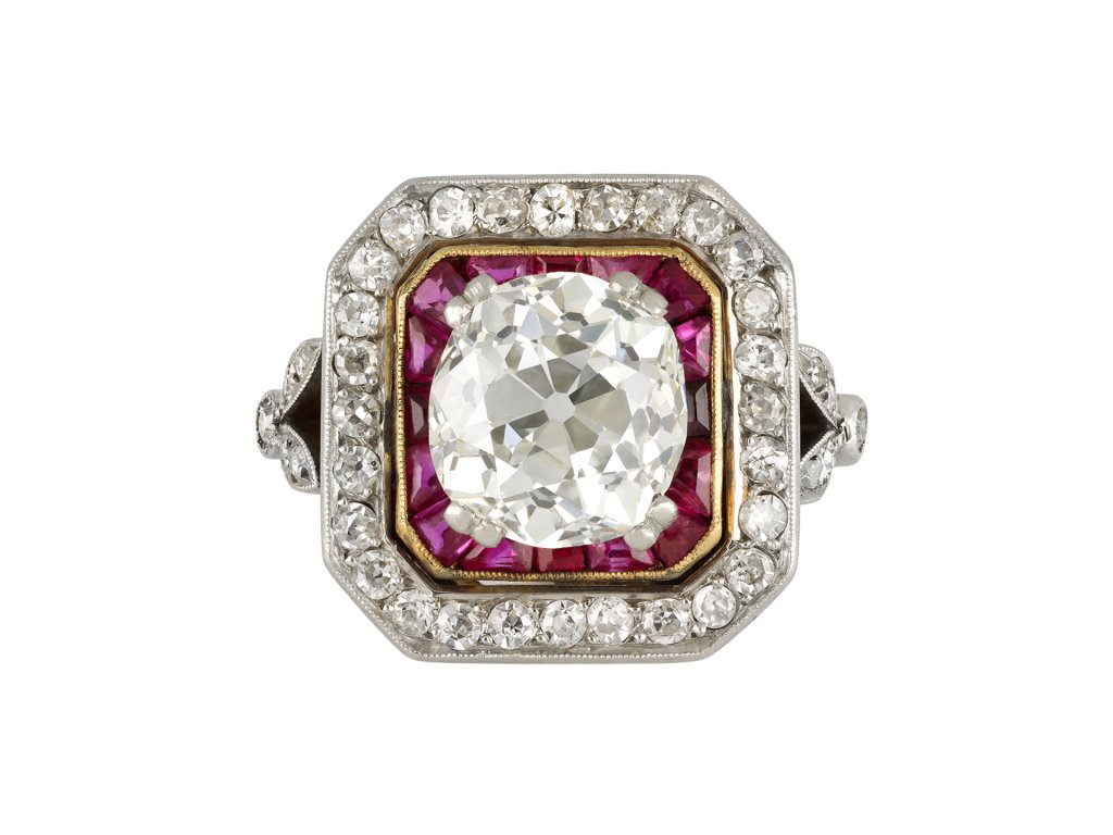 Old mine diamond and ruby target ring, circa 1920.