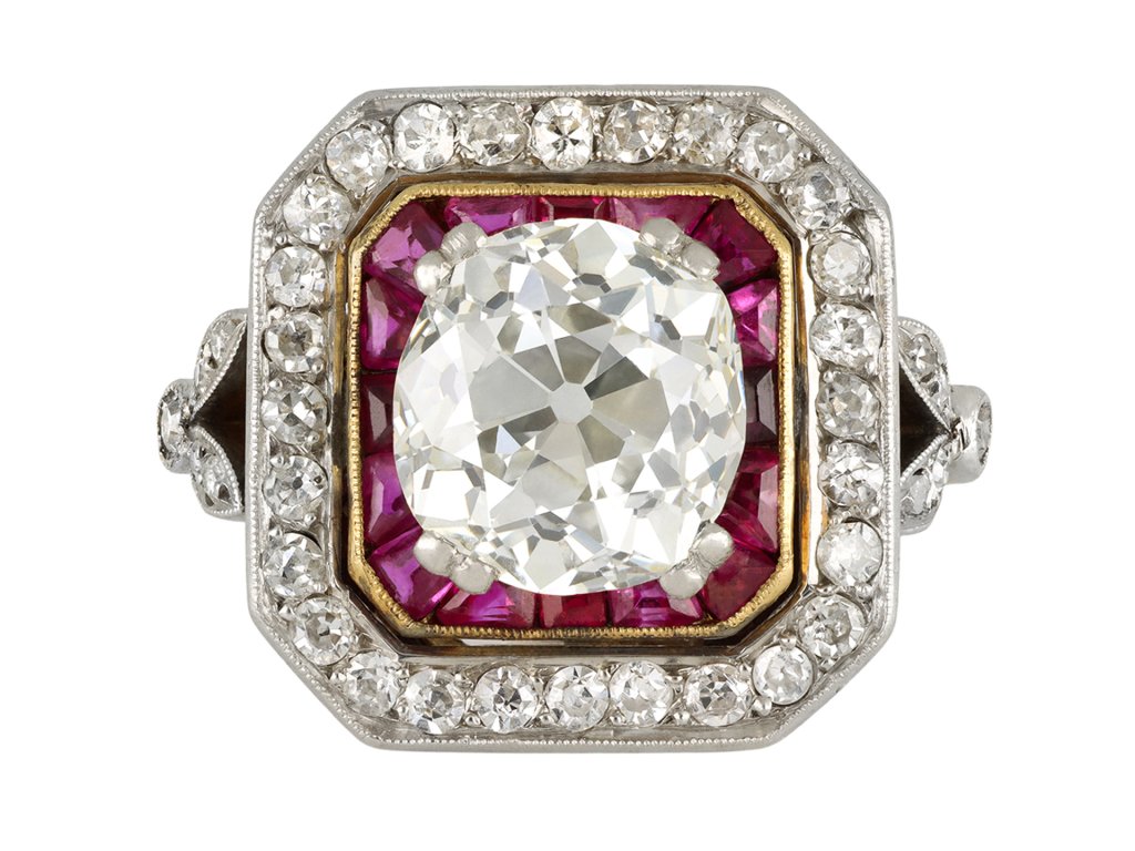 Old mine diamond and ruby target ring, circa 1920.