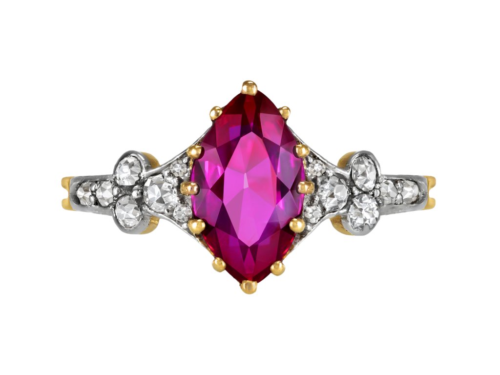Burmese ruby and diamond flanked solitaire ring, circa 1915. 