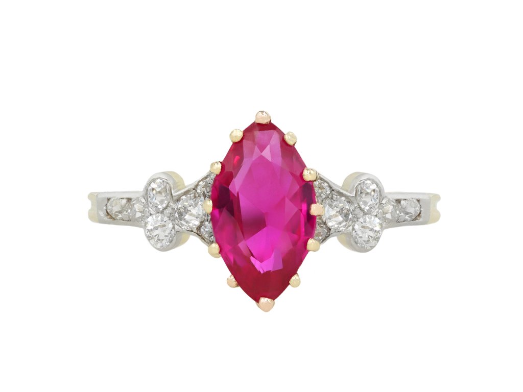 Burmese ruby and diamond flanked solitaire ring, circa 1915. 