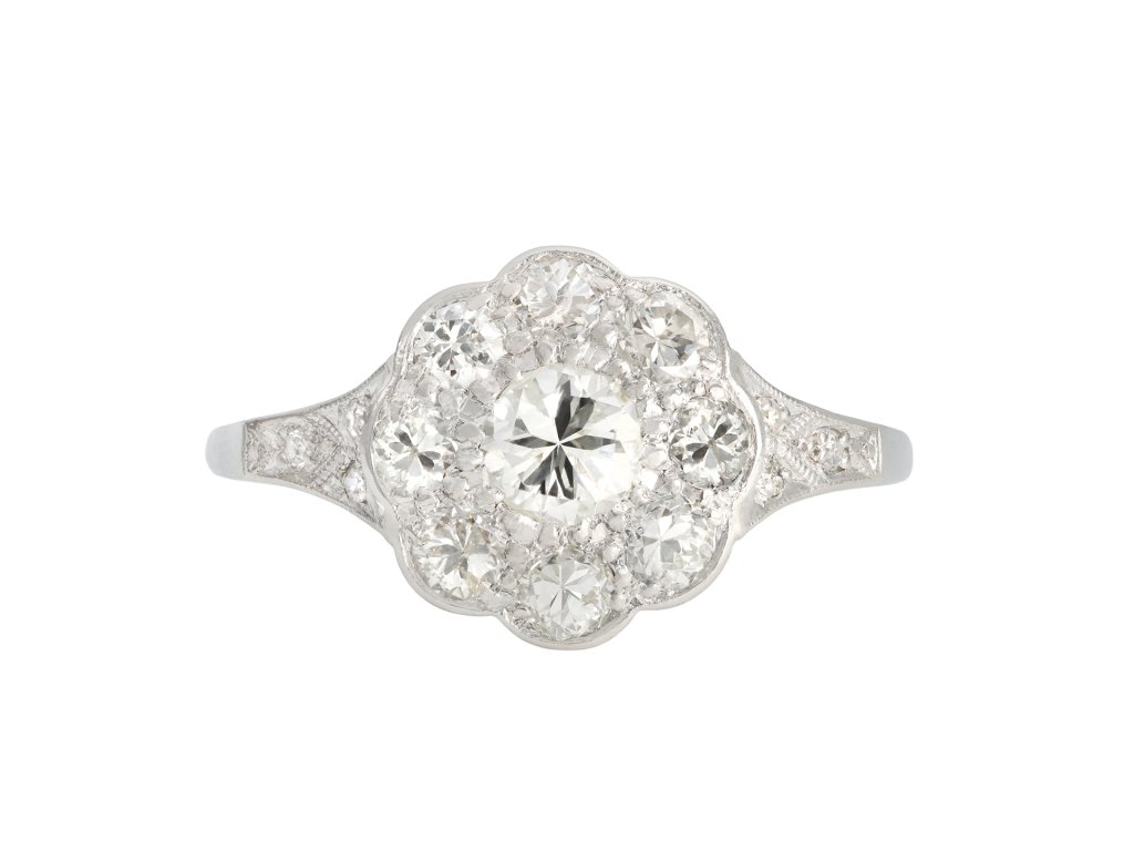 Diamond coronet cluster ring, English, circa 1940s. 
