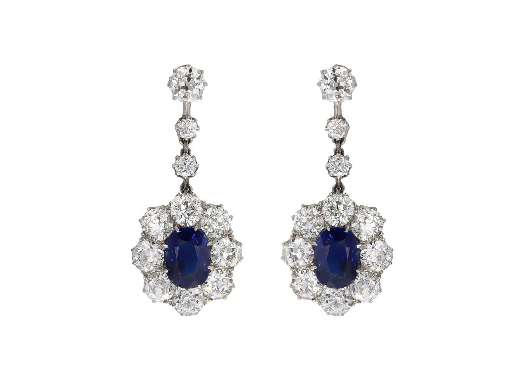 Sapphire and diamond cluster earrings, circa 1920.