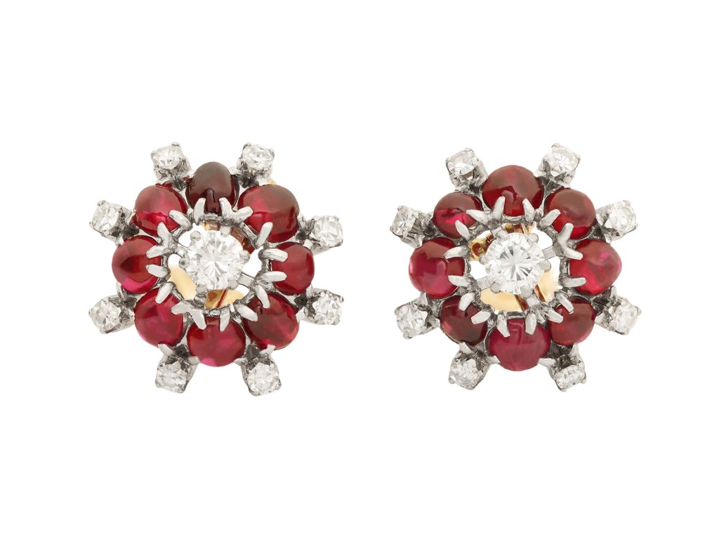 Burmese ruby and diamond cluster earrings, circa 1950.