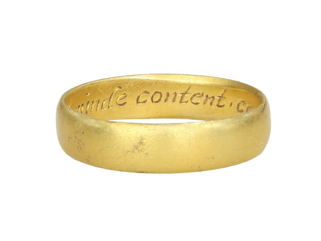 Post medieval gold posy ring, 'A minde content cannot repent' circa 17th century.
