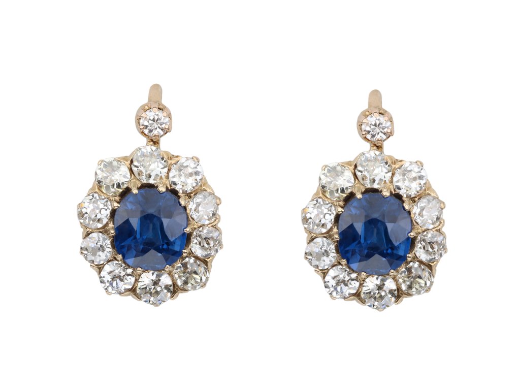 Sapphire and diamond cluster earrings, circa 1890.