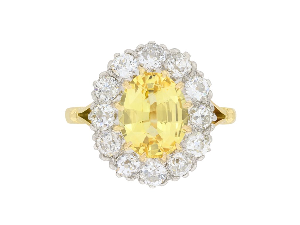 Yellow Ceylon sapphire and diamond coronet cluster ring, circa 1910.