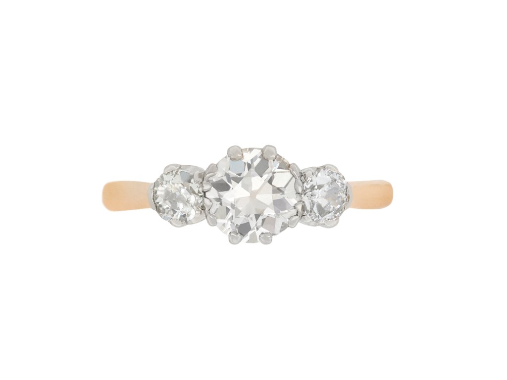 Old cut diamond three stone ring, circa 1910.