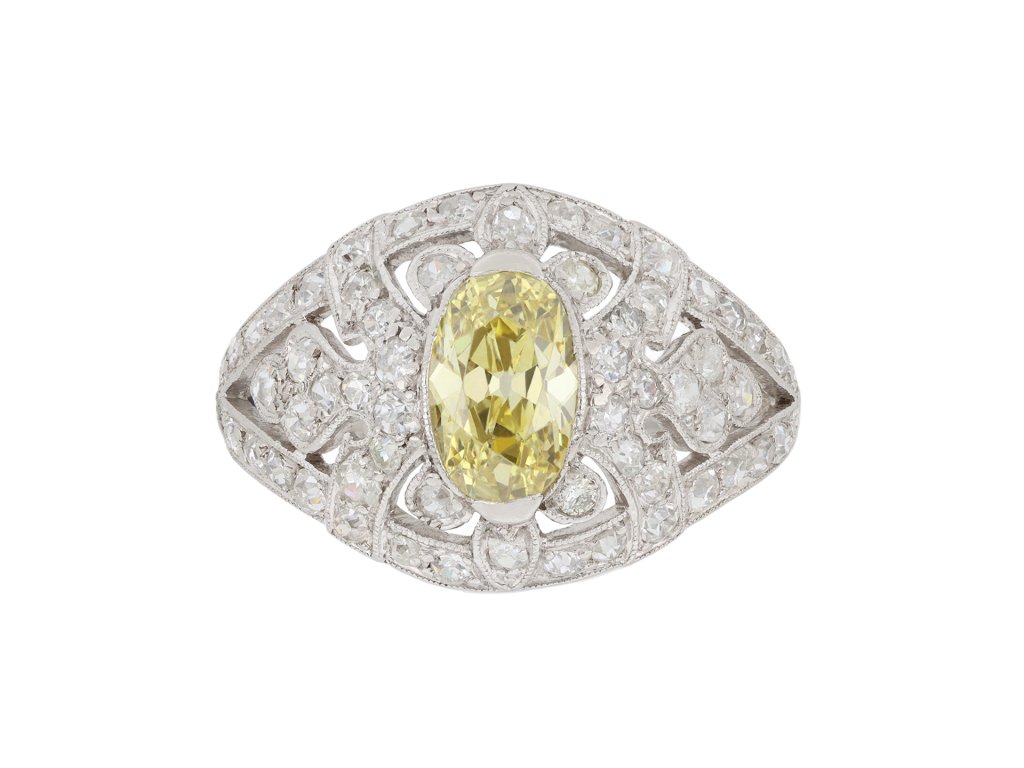 Yellow diamond cluster ring, French, circa 1925.