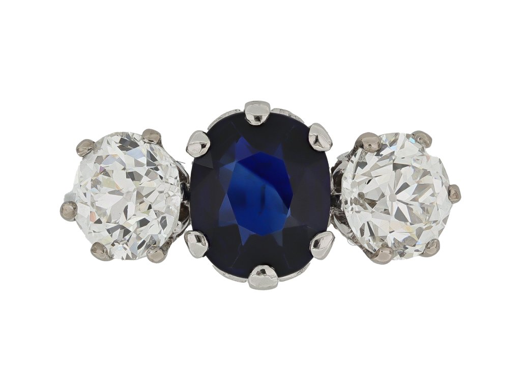 Sapphire and diamond three stone ring, circa 1930.