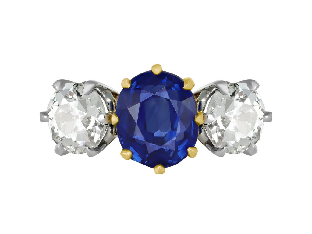 Ceylon sapphire and diamond three stone ring, circa 1910. 