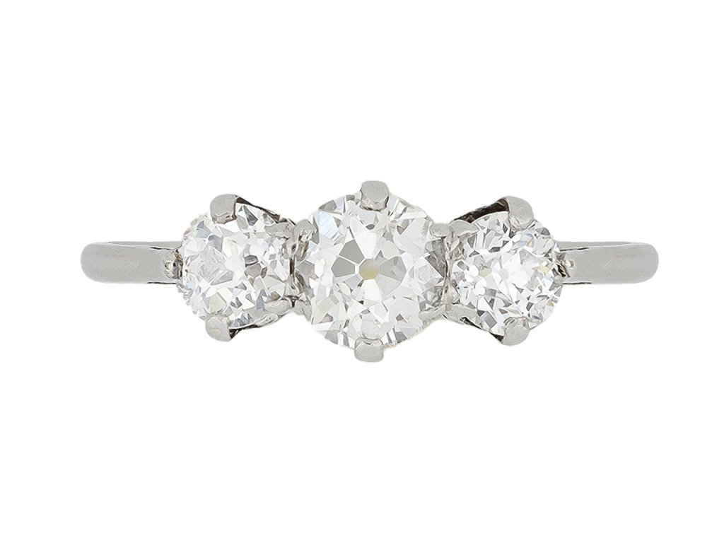 Old cut diamond three stone, circa 1915.