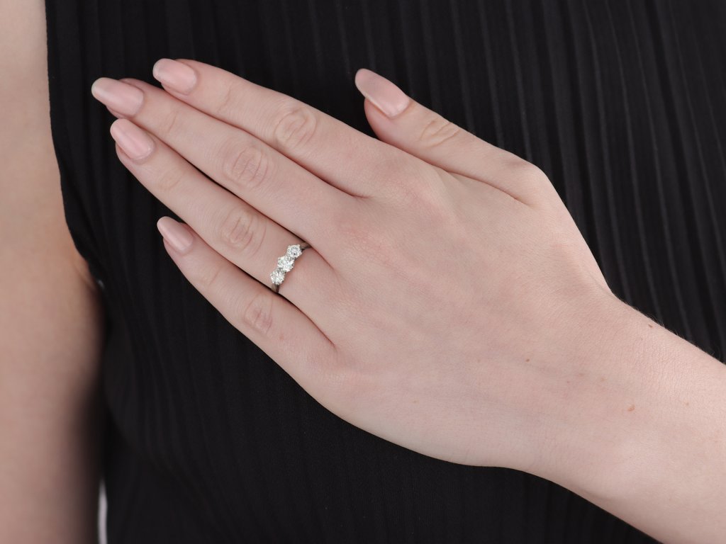 Old cut diamond three stone ring, circa 1930s.