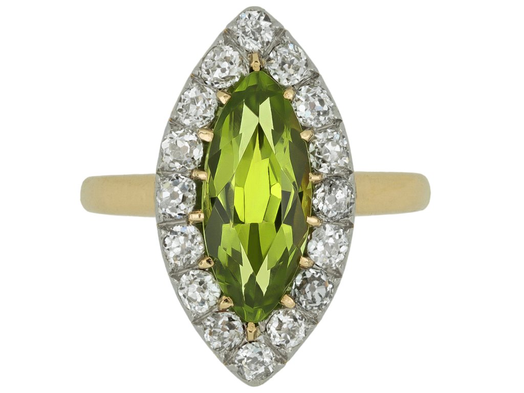 Peridot and diamond marquise cluster ring, circa 1900.