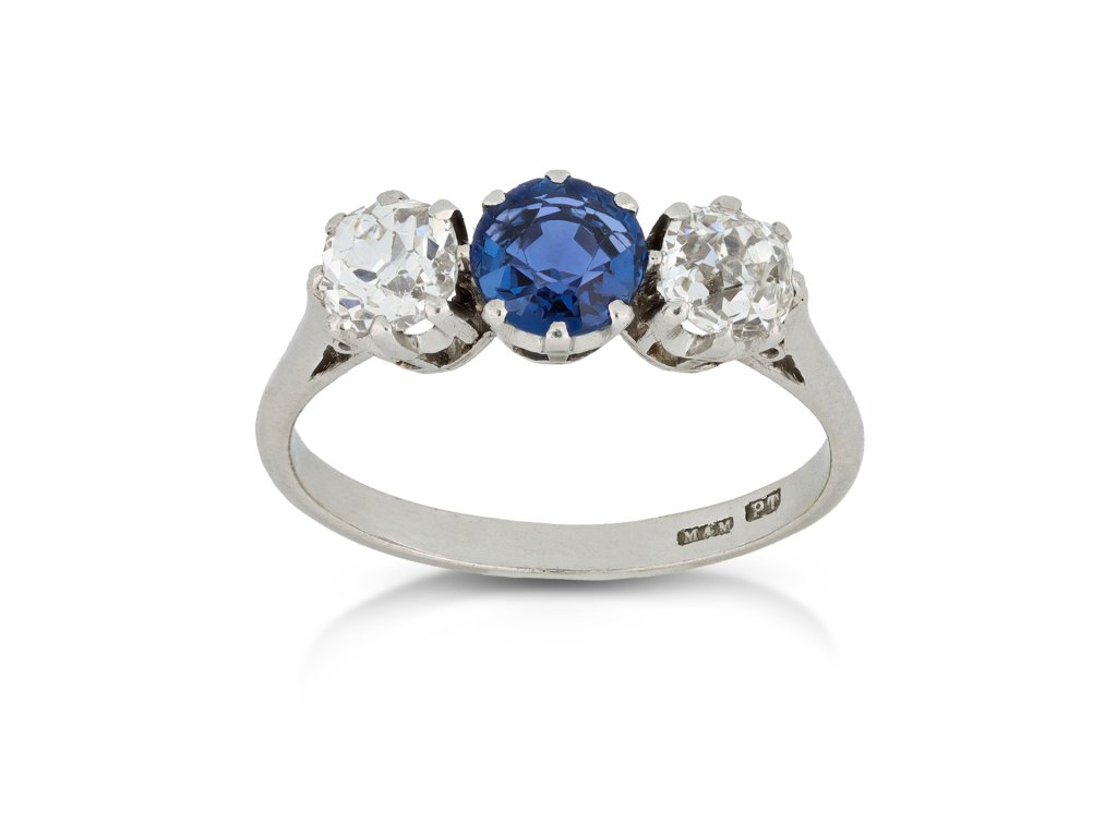 Sapphire and diamond three stone ring, circa 1920.