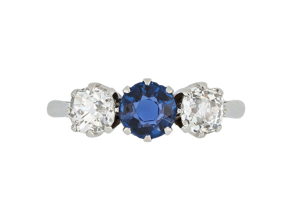 Sapphire and diamond three stone ring, circa 1920.