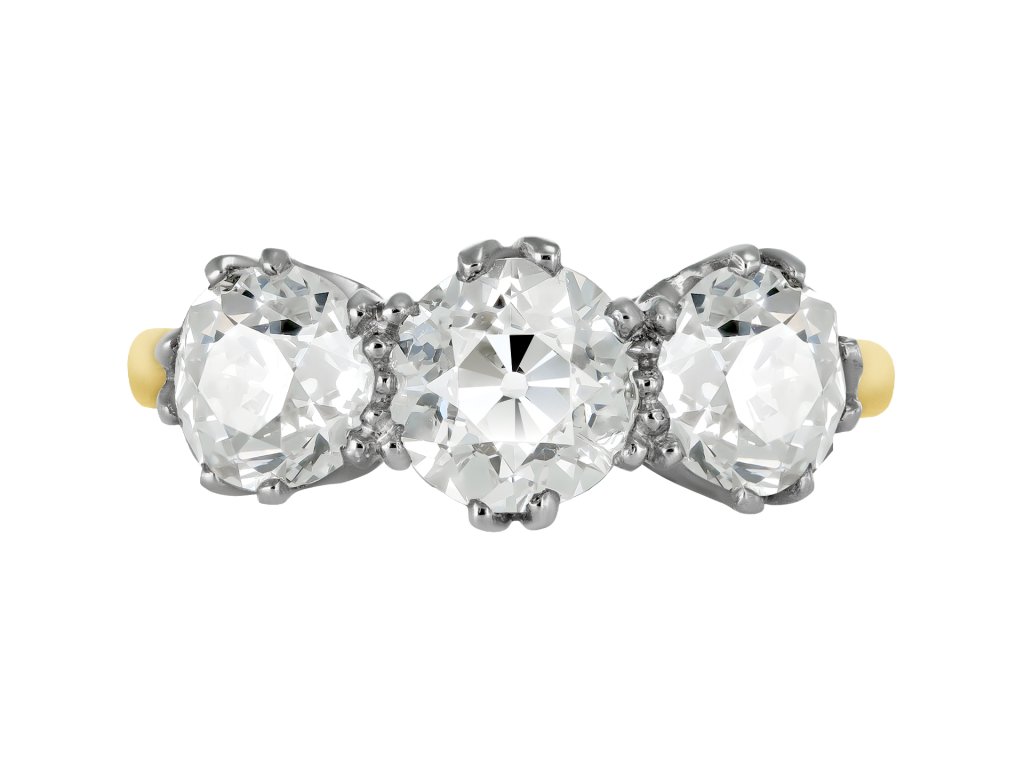 Old mine diamond three stone ring, circa 1910.