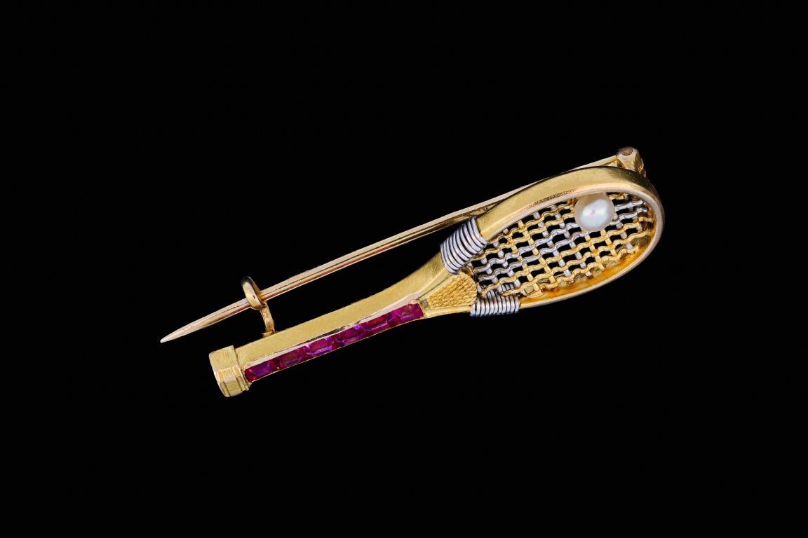 Ruby and pearl tennis racket brooch, circa 1950.  