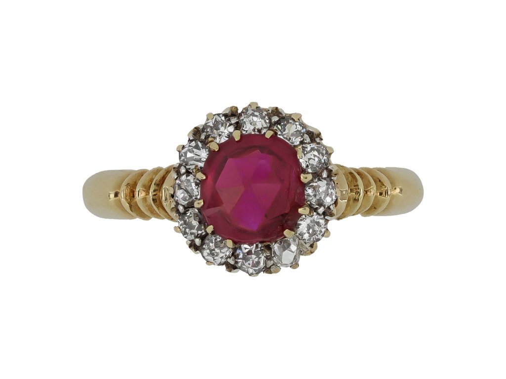 Ruby and diamond coronet cluster ring, circa 1900.