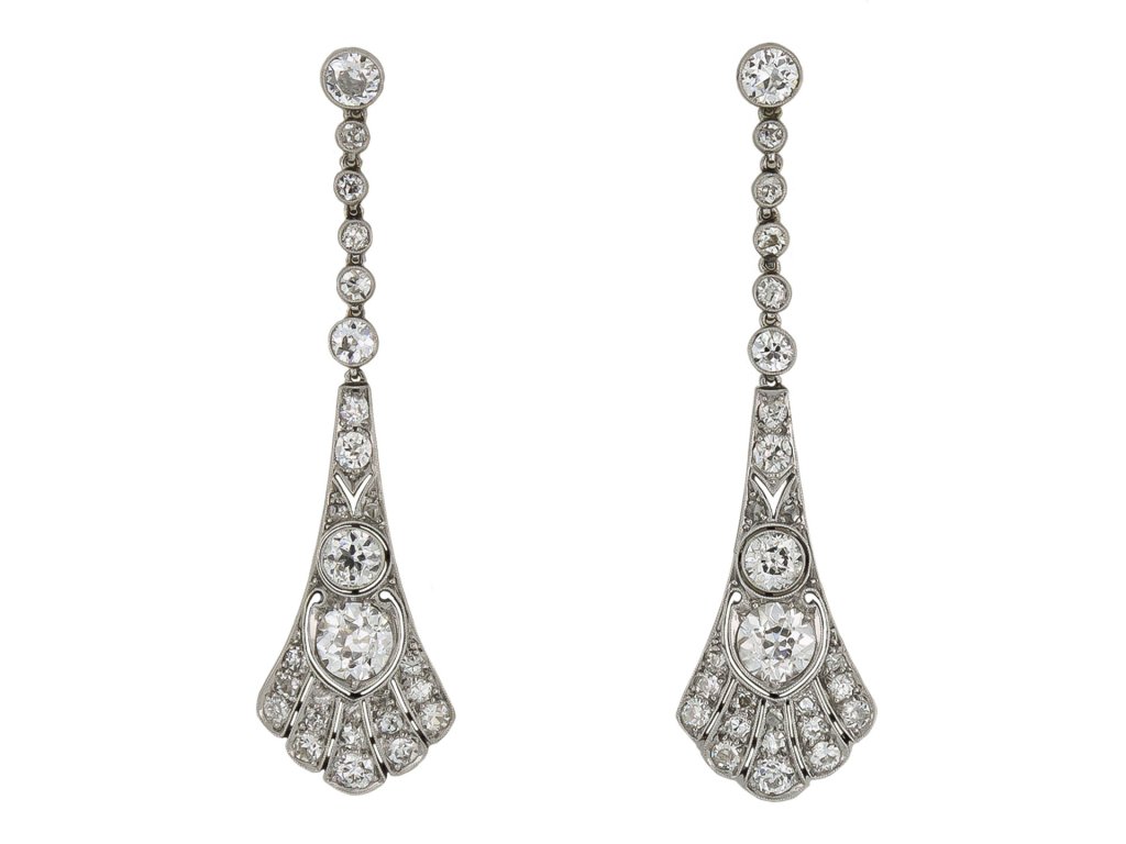 Diamond drop earrings, circa 1920. 