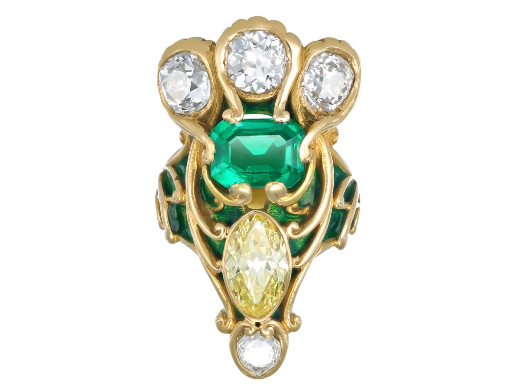 Marcus and Co. emerald and yellow diamond ring, American, circa 1895.