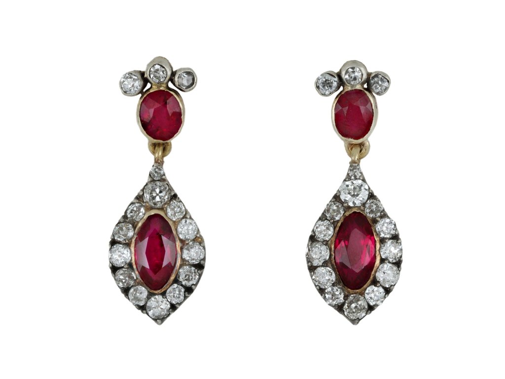 Burmese ruby and diamond drop earrings, circa 1860.