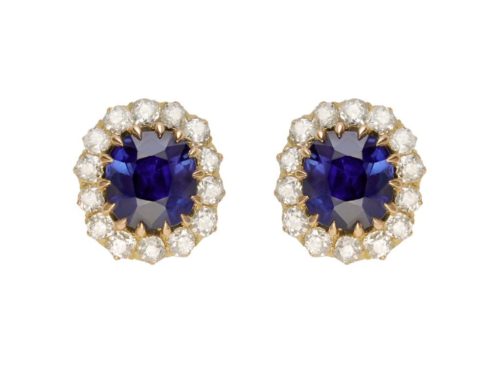 Sapphire and diamond cluster earrings, circa 1900.