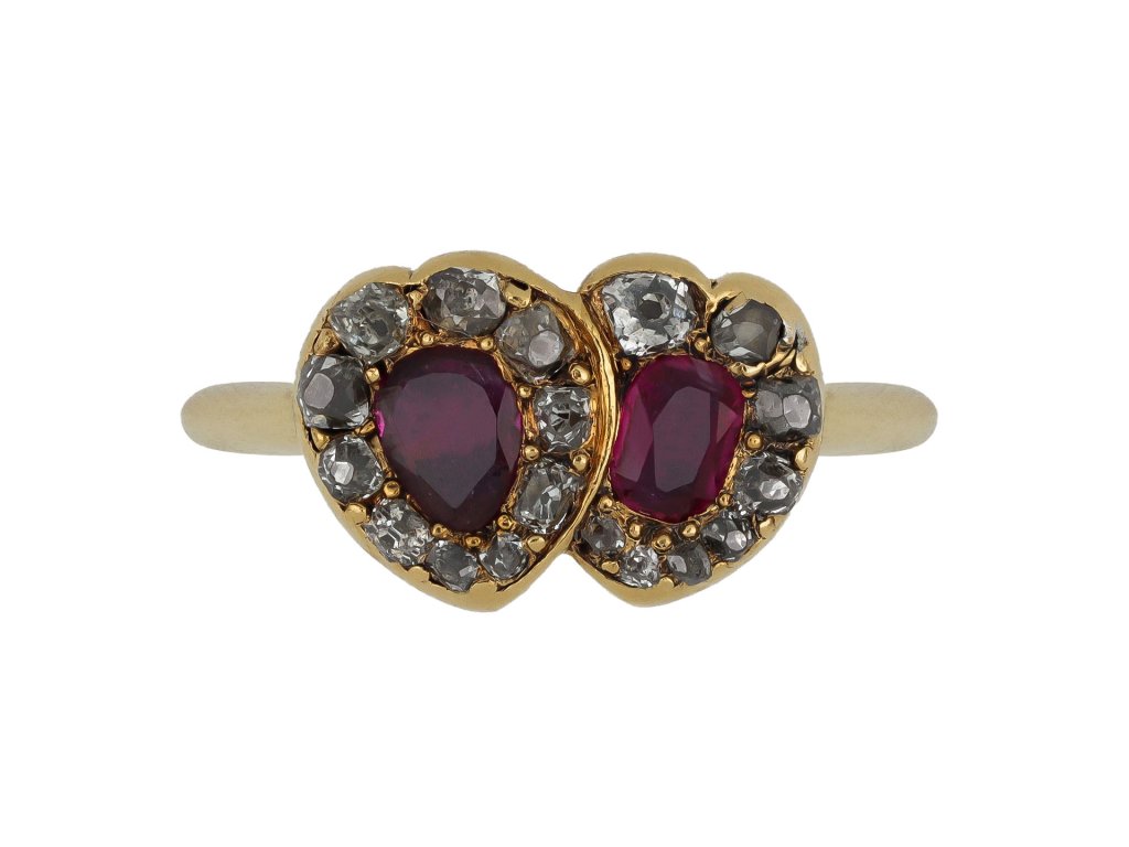 Ruby and diamond double heart ring, circa 1840s.