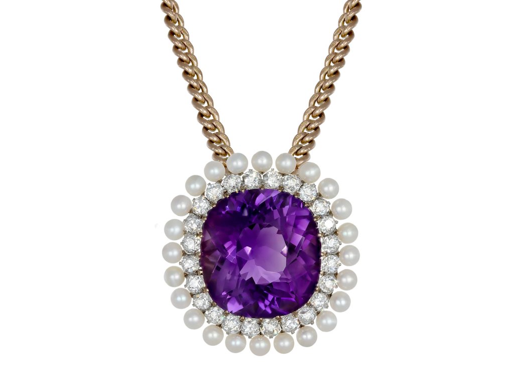 Dreicer & Co. amethyst, pearl and diamond pendant/brooch, American, circa 1900.
