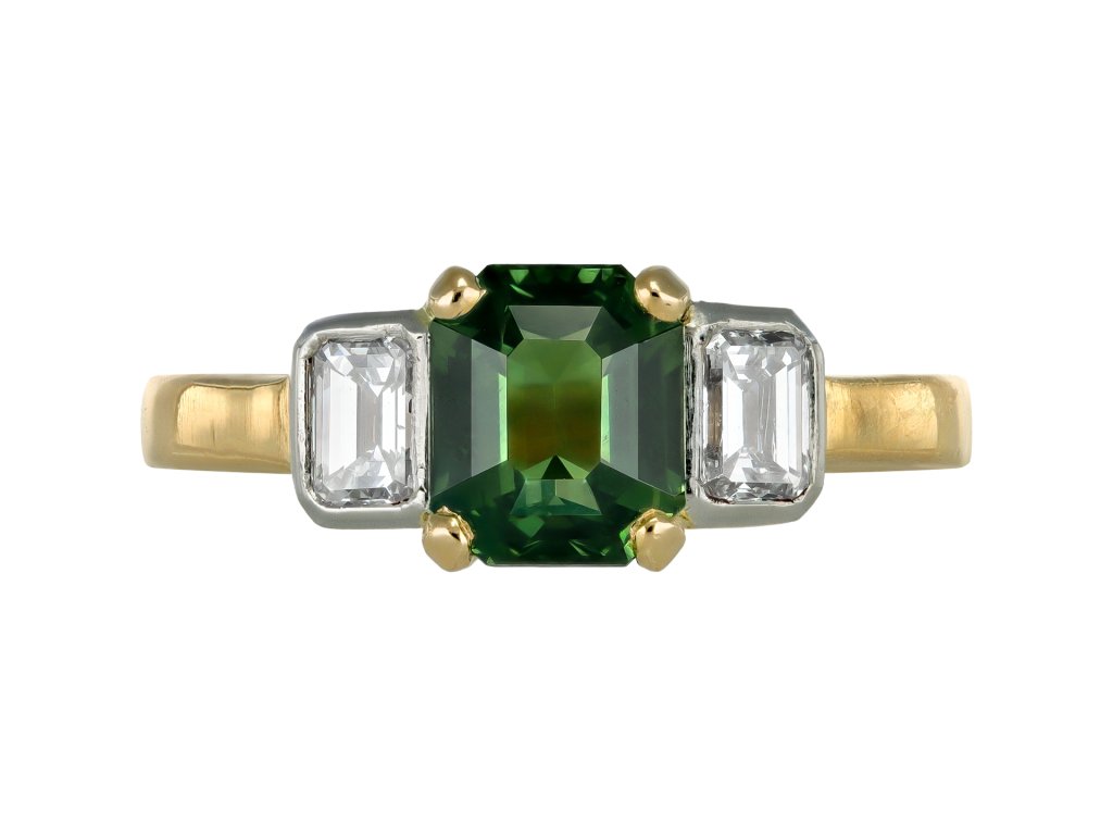 Green sapphire and diamond ring. 