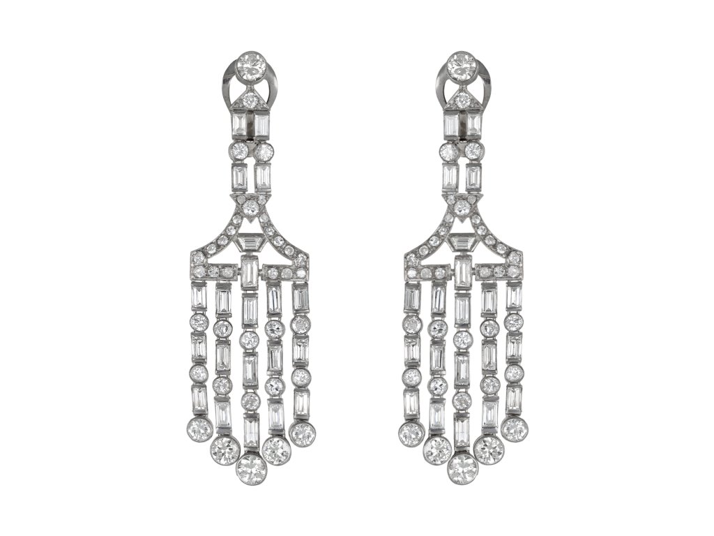 Art Deco chandelier diamond drop earrings, circa 1920. 