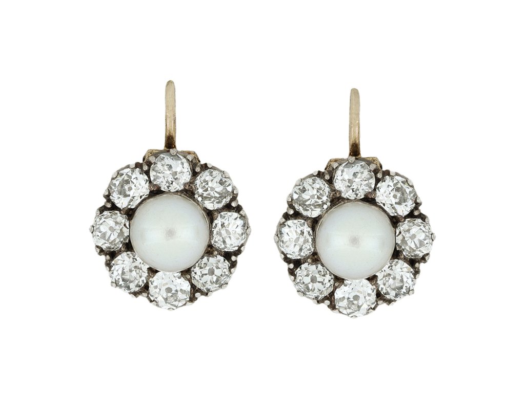 Natural pearl and diamond cluster earrings, circa 1880.