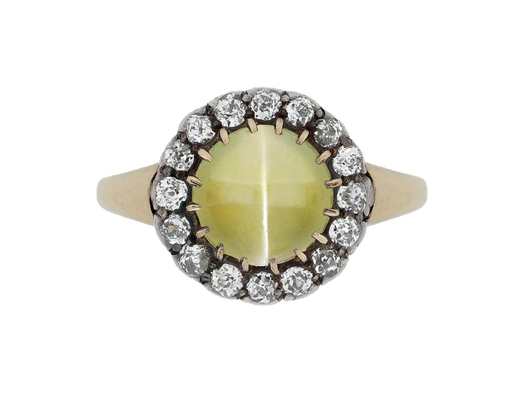Cat's eye chrysoberyl and diamond coronet cluster ring, circa 1880.