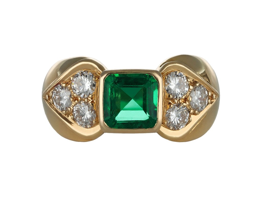 Colombian emerald and diamond ring, French, circa 1970.