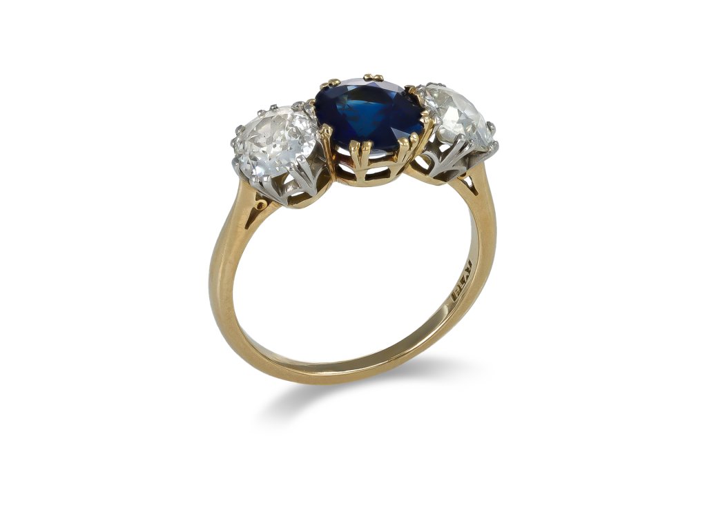 Sapphire and diamond three stone ring, circa 1910. 
