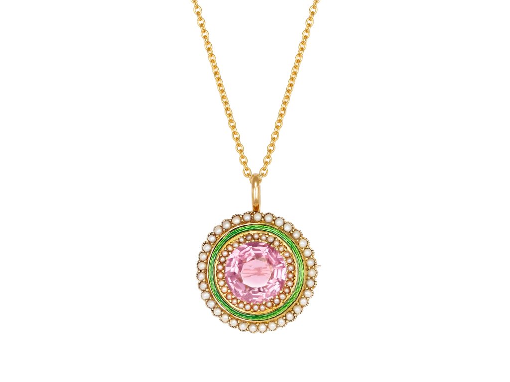 Pink topaz, enamel and pearl convertible brooch/pendant, circa 1890.