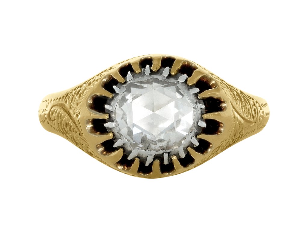 Rose cut diamond solitaire ring, circa 1840. 