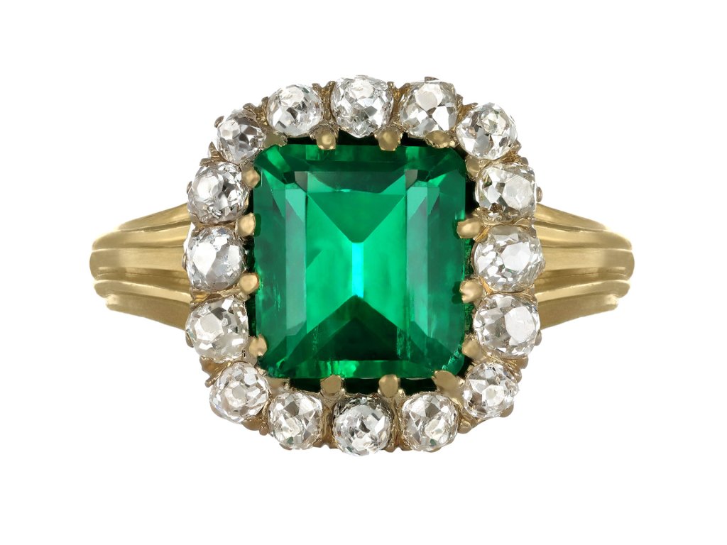 Colombian emerald and diamond coronet cluster ring, circa 1890. 
