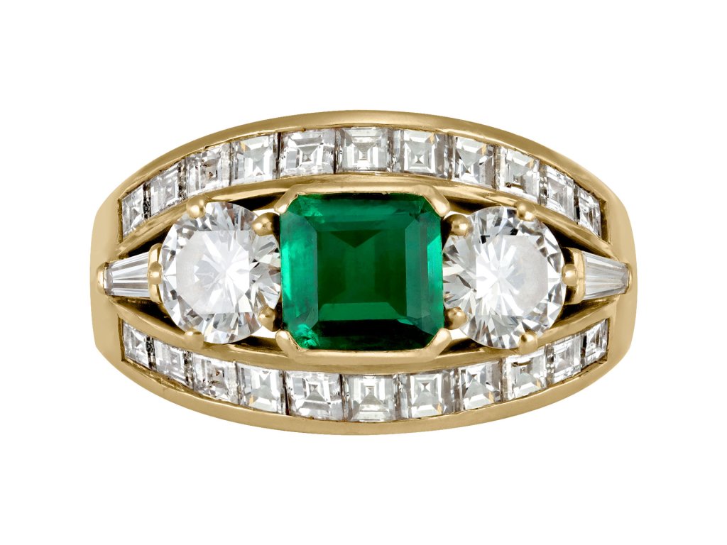 Colombian emerald and diamond ring, circa 1970.