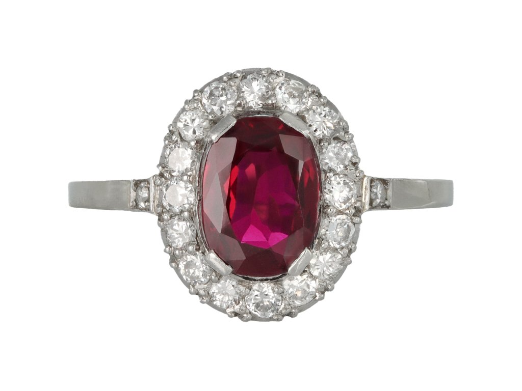 Burmese ruby and diamond coronet cluster ring, circa 1950.