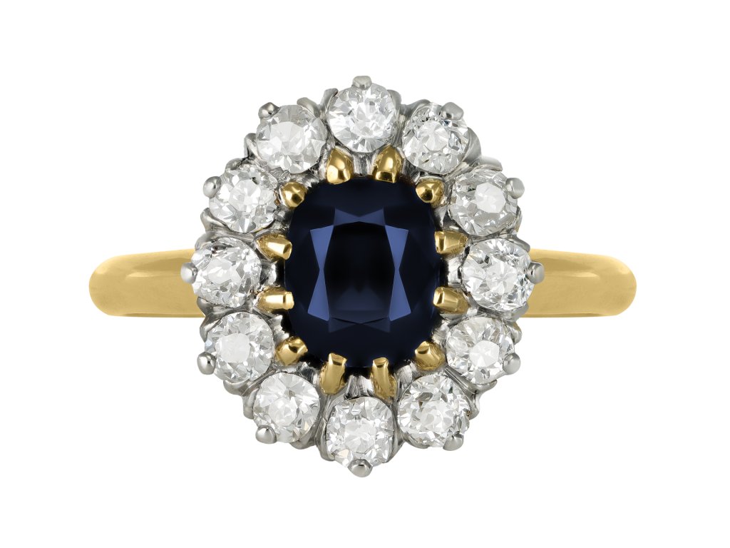 Edwardian sapphire and diamond coronet cluster ring, circa 1910. 