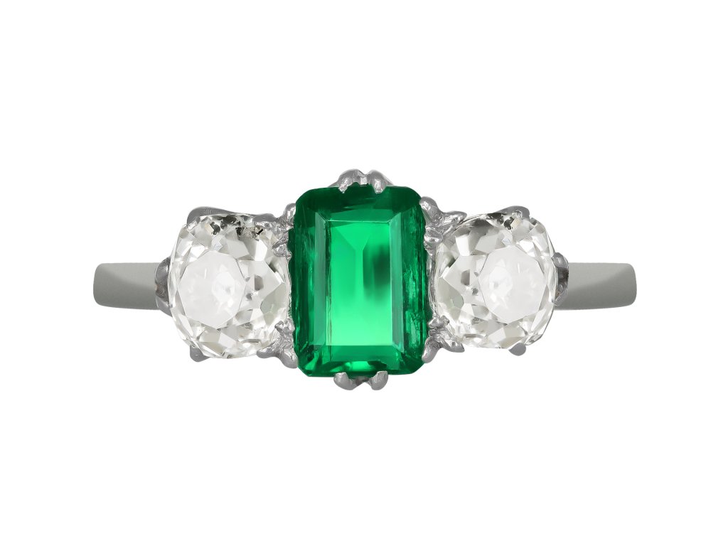 Colombian emerald diamond three stone ring, circa 1920.