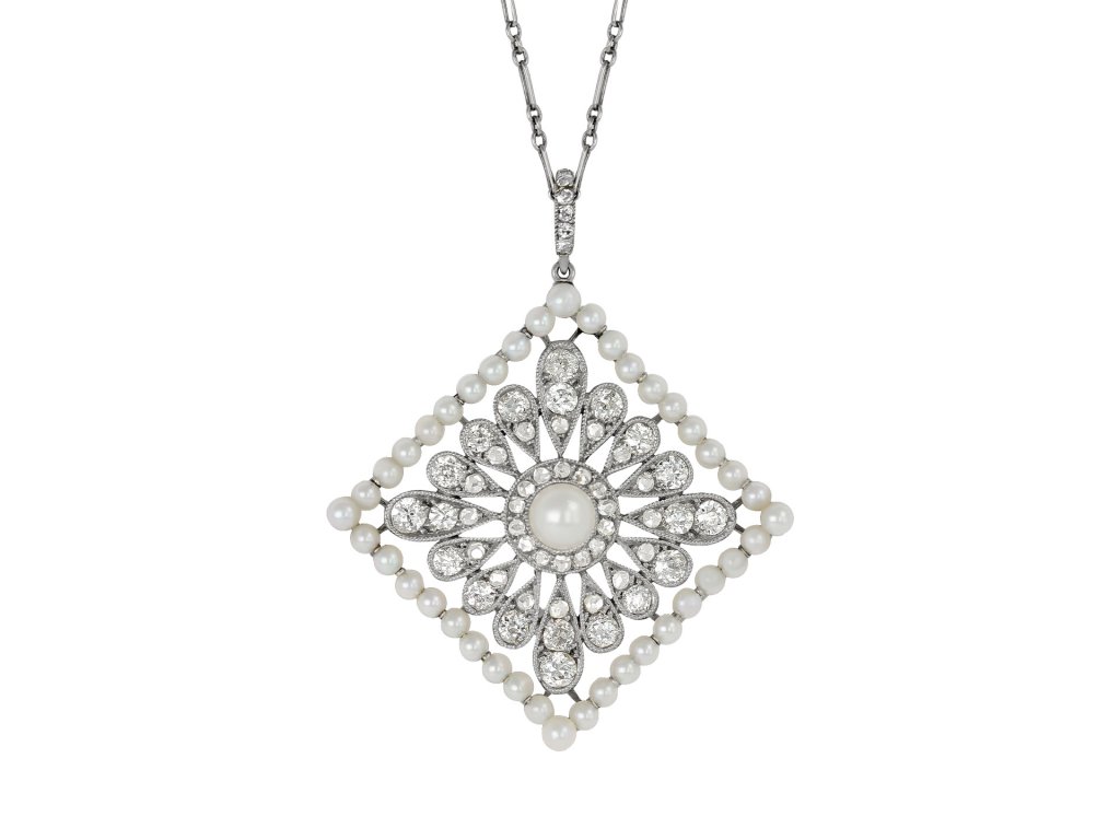 Cartier natural pearl and diamond pendant, American, circa 1920.