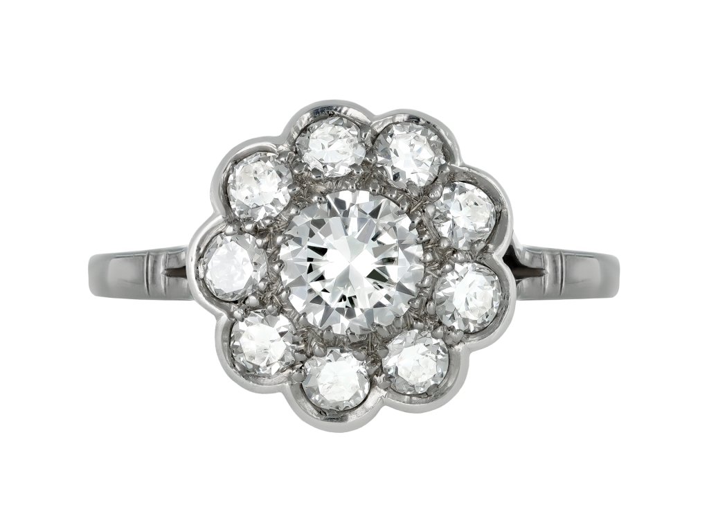 Diamond coronet cluster ring, French, circa 1950.