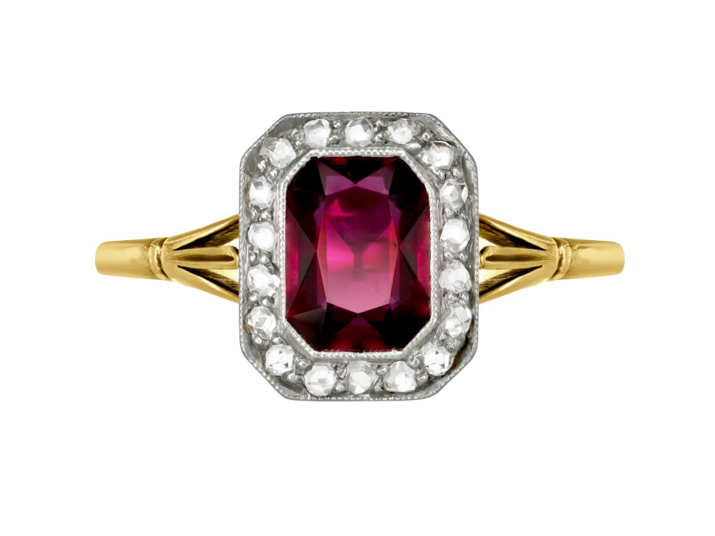 Ruby and diamond coronet cluster ring, circa 1915. 