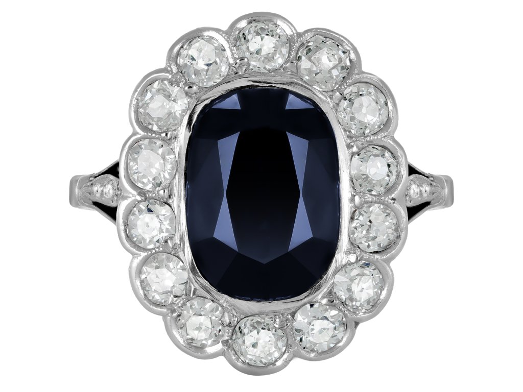Sapphire and diamond coronet cluster ring, circa 1915.