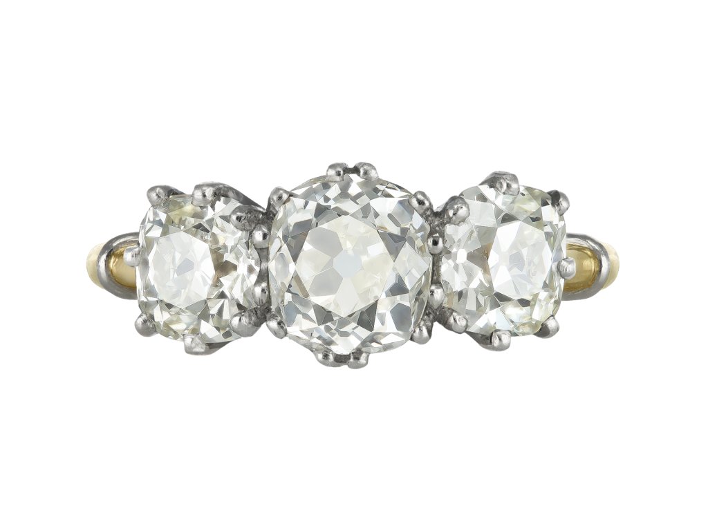 Old mine diamond three stone ring, circa 1910.
